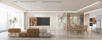 现代奶油风客餐厅 沙发茶几组合 客厅电视背景墙 藤编餐桌椅